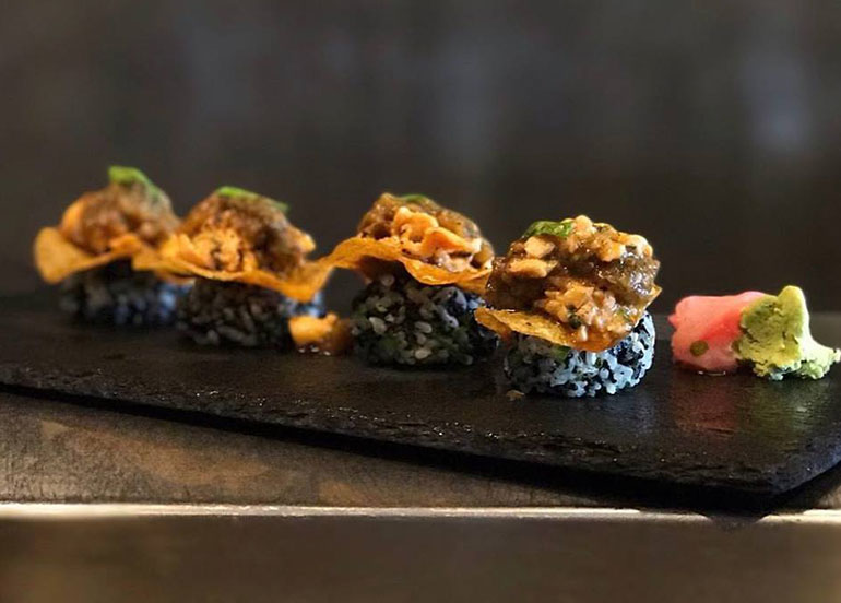 Salmon, pickled eggplant, nori, sushi