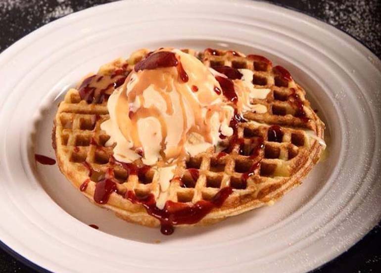 PB & J Waffle with Vanilla Ice Cream and Berry Sauce from BAD