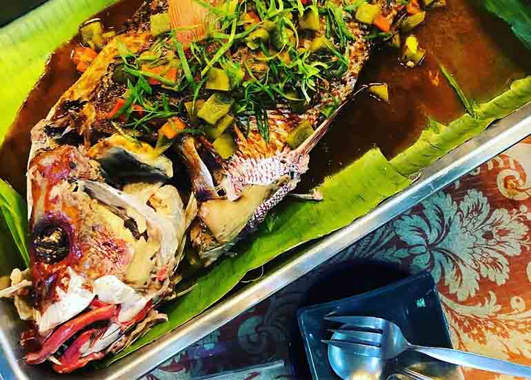 Fried Fish with Tamarind Sauce and Roasted Peppers from Crescent Moon Cafe and Studio Pottery