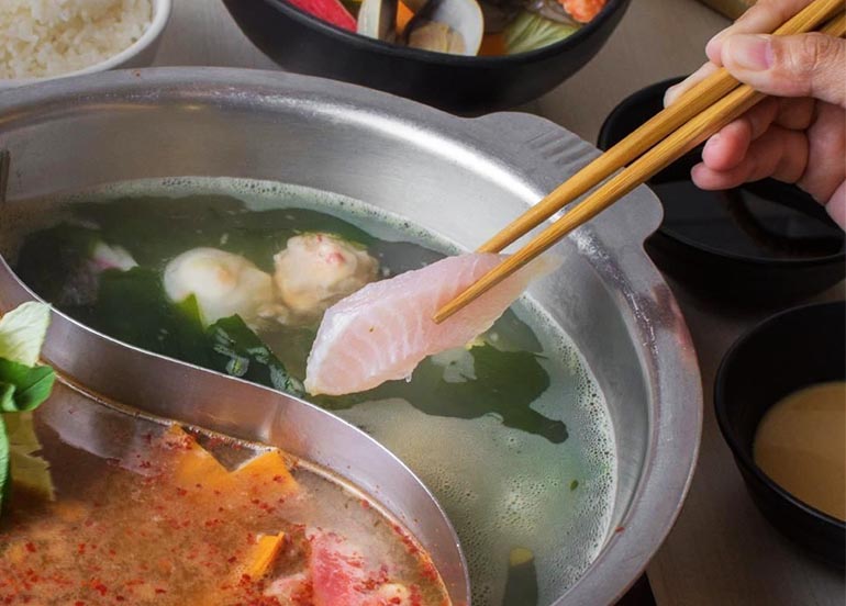 Fish Dip in Spicy Miso Broth and Seaweed Broth