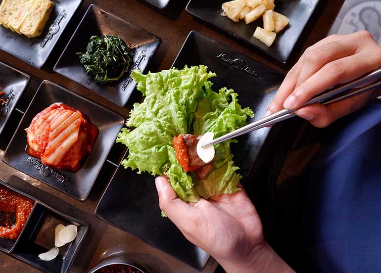 Lettuce, Meat, Kimchi, Garlic, Side Dishes from Namoo House