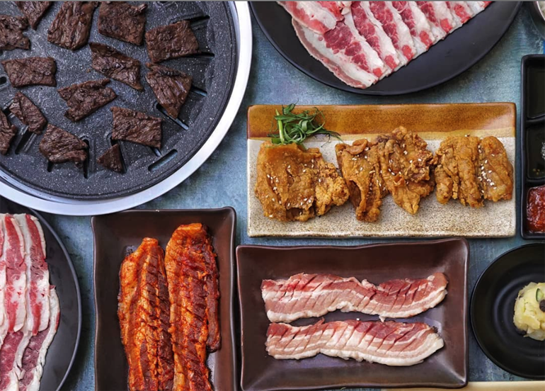 Soban K-Town Grill Flatlay with Barbecue Pork, Beef, Chicken