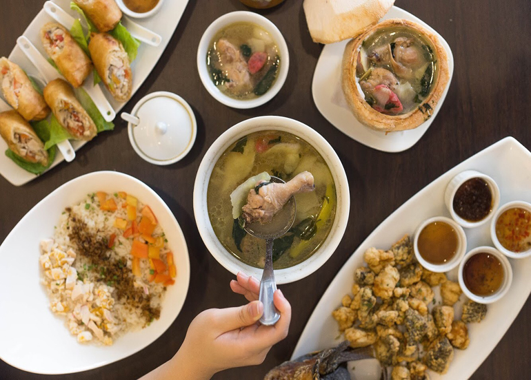 Mesa Flatlay with Tinola, Rice, Lumpia