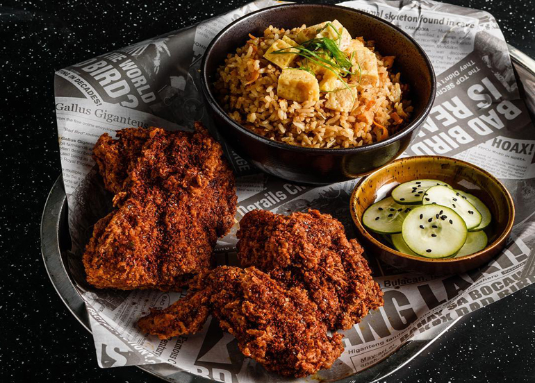 Bad Bird with Rice and Pickled Cucumbers
