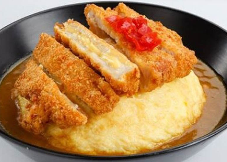 Curry Cheese Katsu with steam Japanese Koshihikari Rice and a fluffy egg omelette dome from Osaka Osho