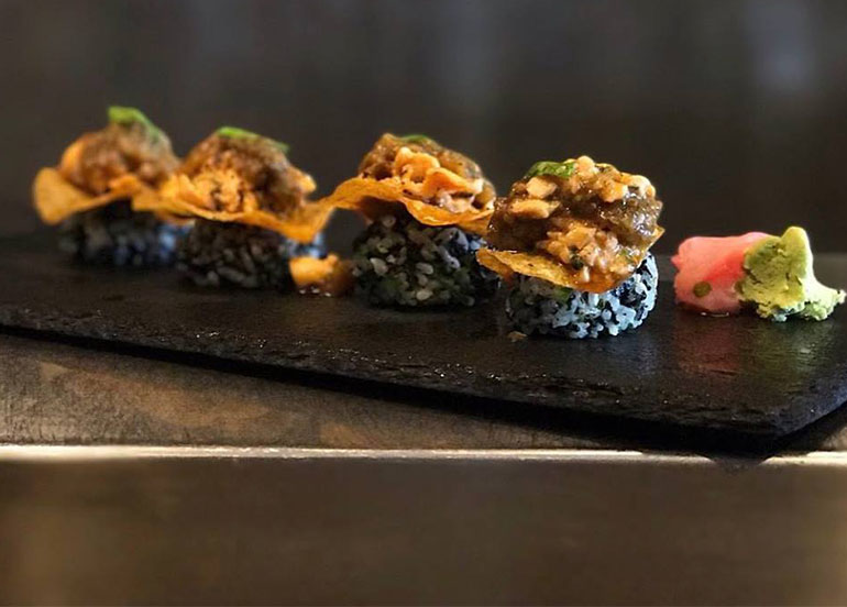 Salmon and Picked Eggplant on Nori and Perilla Leaf Rice from Sensei