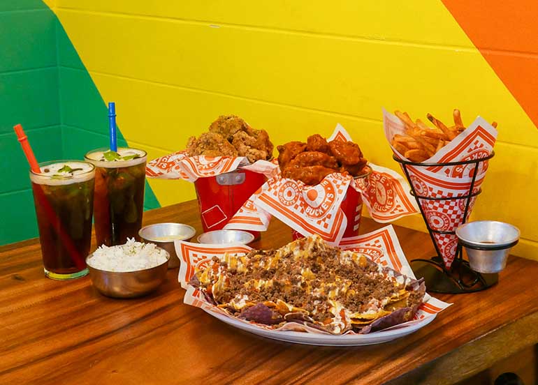 Drinks, Wings, Nachos, and Fries from Sunrise Buckets