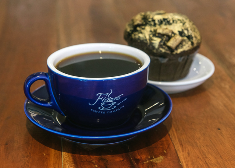 Cup of coffee from Figaro with a chocolate muffin