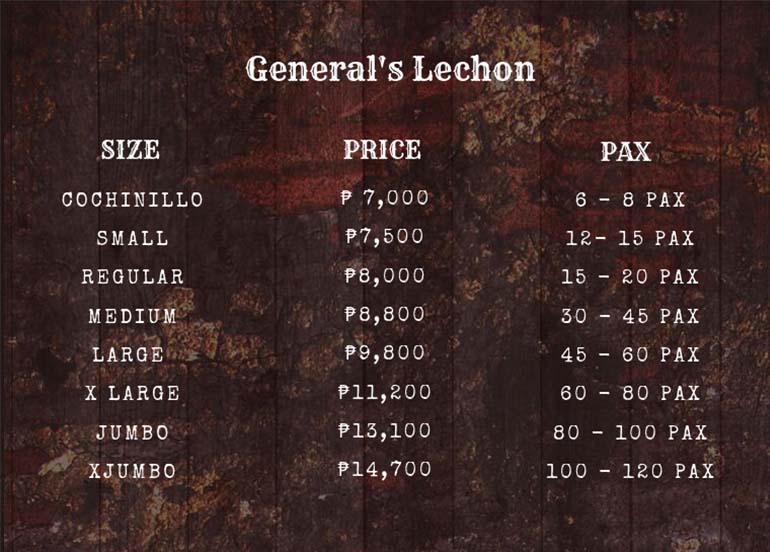 General's Lechon Price List