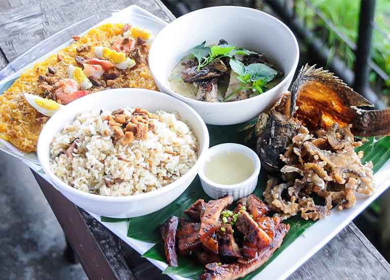 Tinola, BBQ, Pancit Luglog, Tilapia, Sisig Rice from Grilla Filipino Cuisine