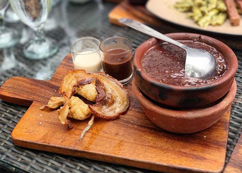 Tablea Champorado and Chicharon from Tsokolateria