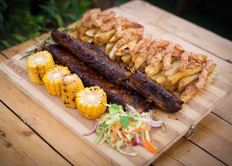 ribs, shrimp, fries, and corn from baguio craft brewery