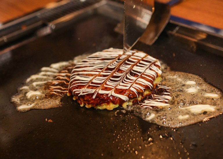 Dohtonbori Okonomiyaki topped with kewpie mayonnaise