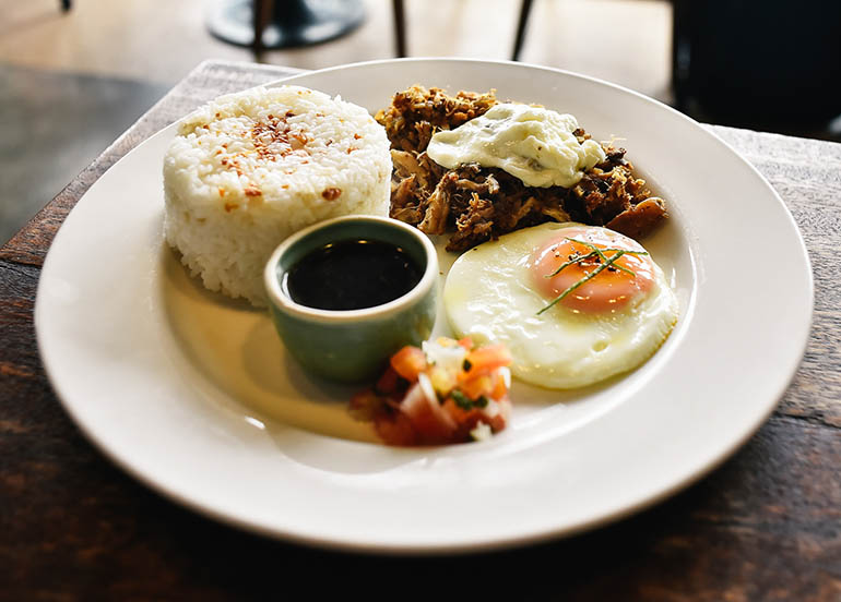 Adobo Flakes with Kesong Puti and a Side of Egg and Garlic Rice from Roast Katipunan