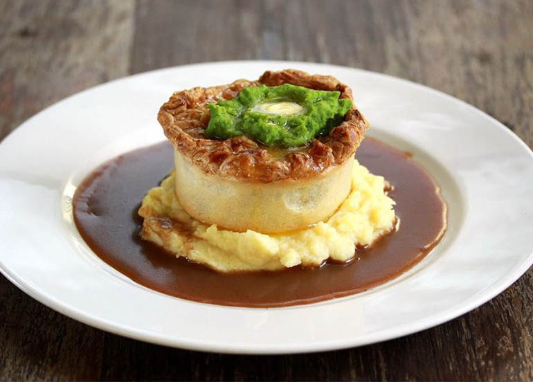 Beef Pie, Garlic Mashed Potatoes, Peas, and Gravy from Apartment 1B