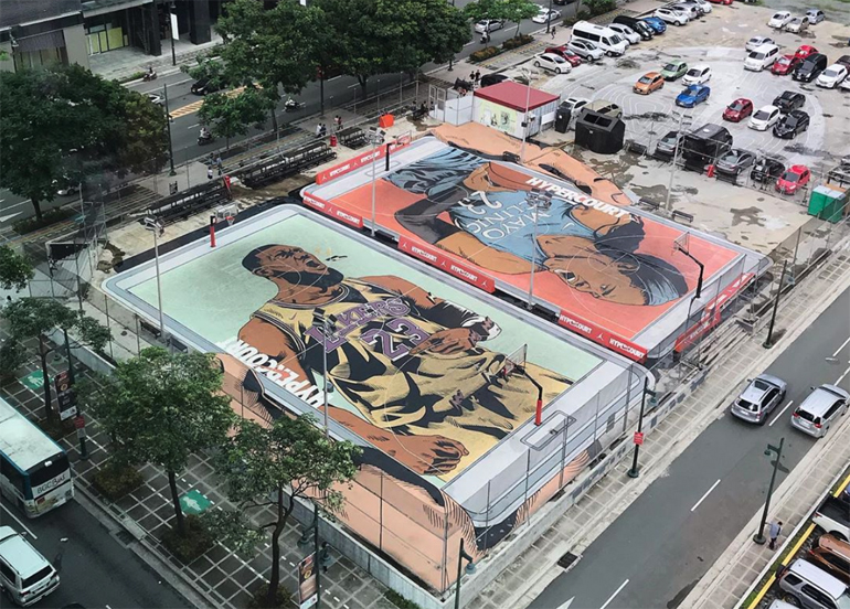 Aerial view of Titan Love Court featuring murals of Lebron James