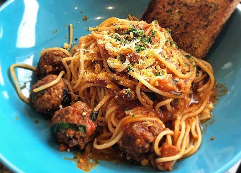Pasta Amatriciana with Italian Meatballs from Cafe Mary Grace