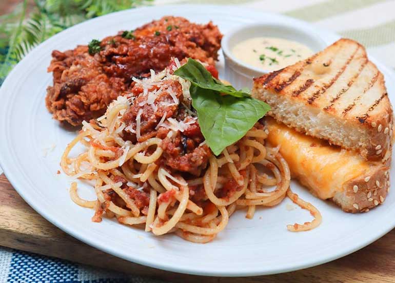 Buttermilk Crispy Fried Chicken, Spaghetti Bolognese and Ultimate Grilled Cheese from Early Bird Breakfast Club