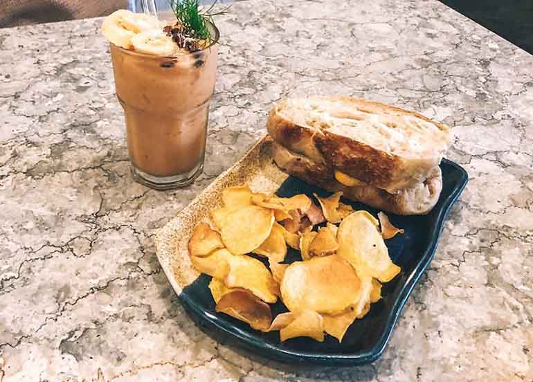 Chips, Grilled Cheese, and Smoothie from Hillside Cafe & Juice Bar