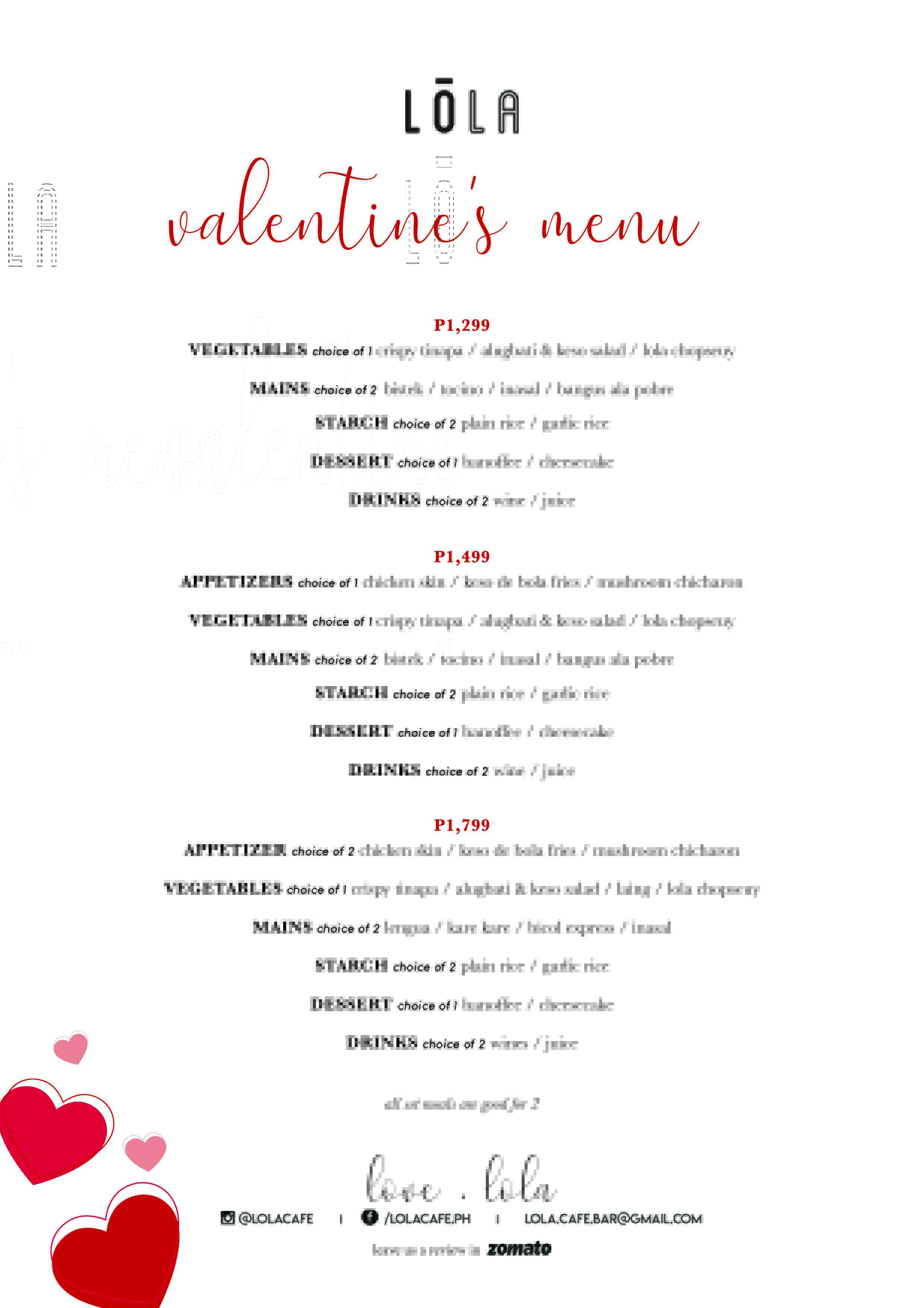 Lola Cafe Valentine's Set Menu