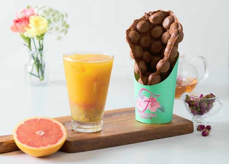Hongkong Bubble Wafffle and Sunrise Passionfruit Slush from F Crafted Tea